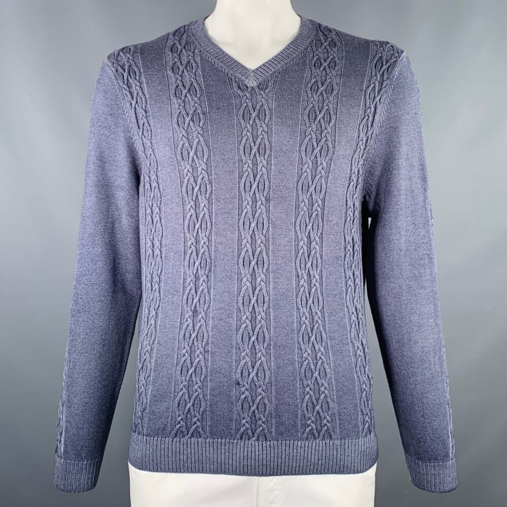 LENOR ROMANO Size L Blue Grey Cable Knit Merino Wool V-Neck Pullover